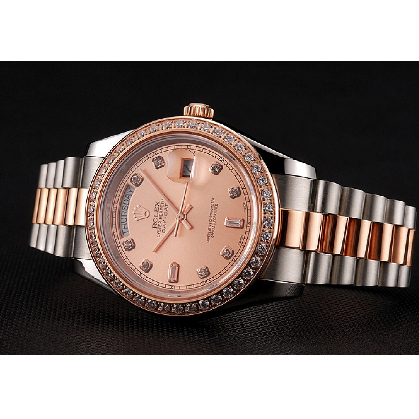 Aaa replica watch Rose Steel And Staineless Swiss Diamonds Bezel Rolex Day-Date Bracelet Gold 1454107 0803
